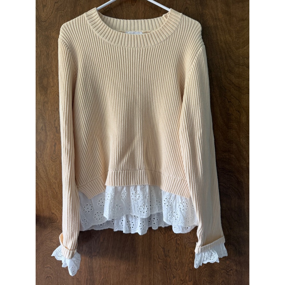 Anniewear Sz L Embroidered Eyelet Lace Ribbed Cozy Pullover Sweater Fall Layerin - Picture 7 of 11
